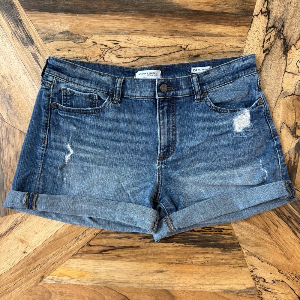 Banana Republic Premium Denim Roll-Up Short Size 29 Distressed Medium Wash